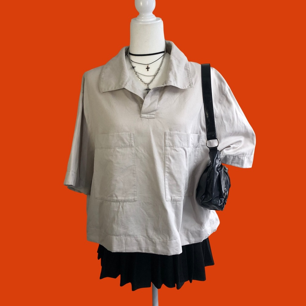 COS Light Beige Cotton Twill Utility Pocket Polo Shirt Womens XL Minimalist Boxy